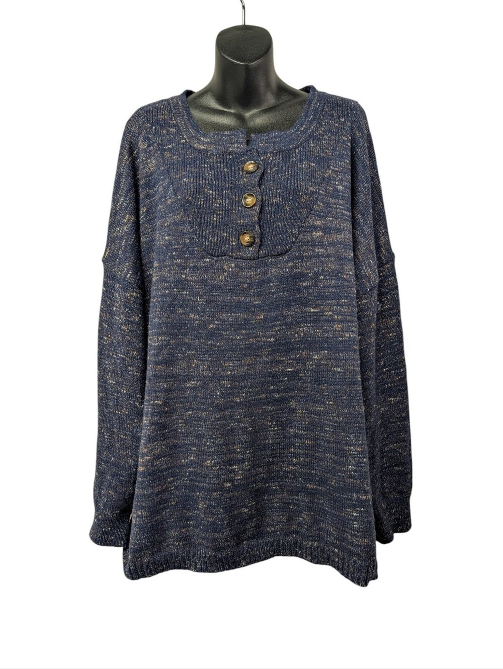 BLOOMCHIC Blue Heathered Knit Henley Button Pullover Sweater Womens Plus 26 NWOT